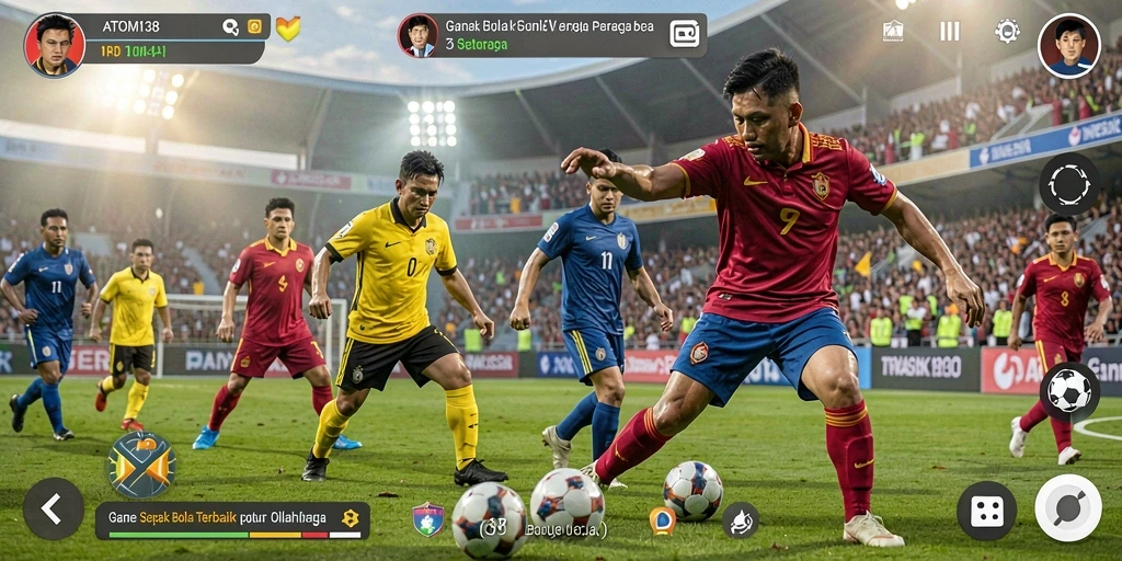 Tangkapan layar ATOM138 menampilkan aksi intens pertandingan sepak bola.