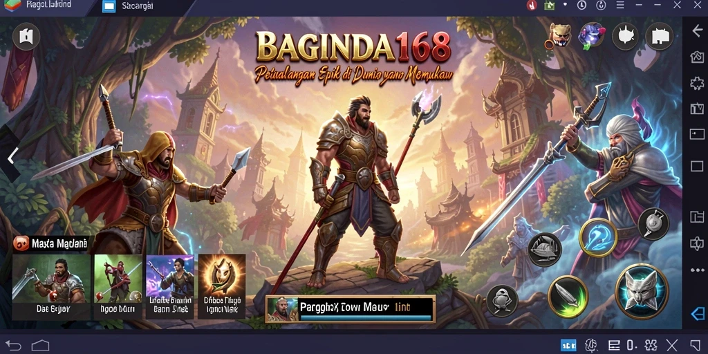 Tampilan gameplay BAGINDA168 dengan karakter petualang yang menjelajahi lingkungan fantastis.