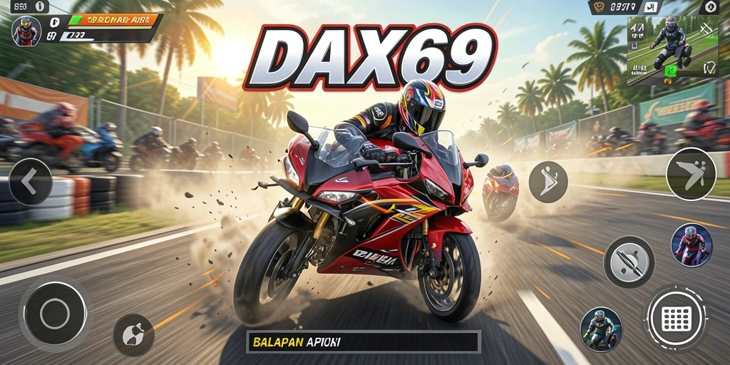 Screenshot DAX69 menampilkan aksi balapan motor yang mendebarkan.