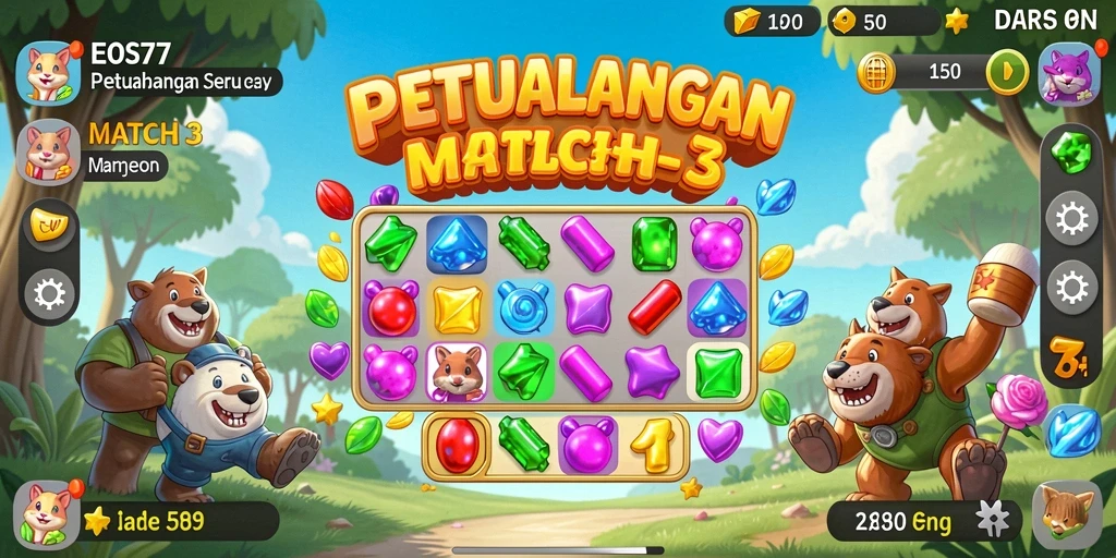 Tampilan gameplay seru dalam EOS77 yang penuh warna.
