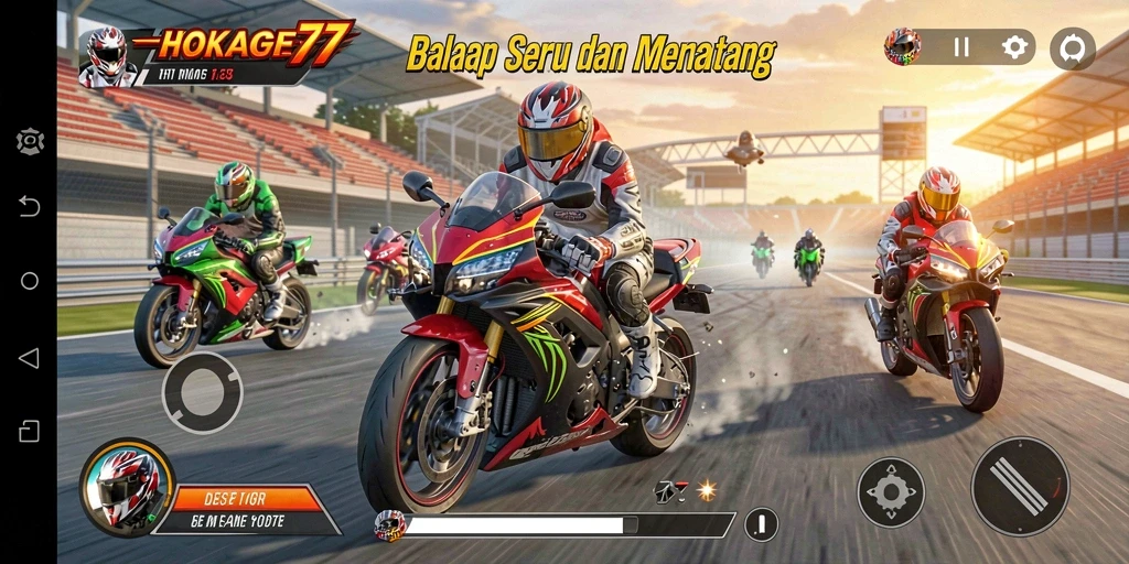Gameplay HOKAGE77 menampilkan balapan motor yang mendebarkan di trek yang menantang.