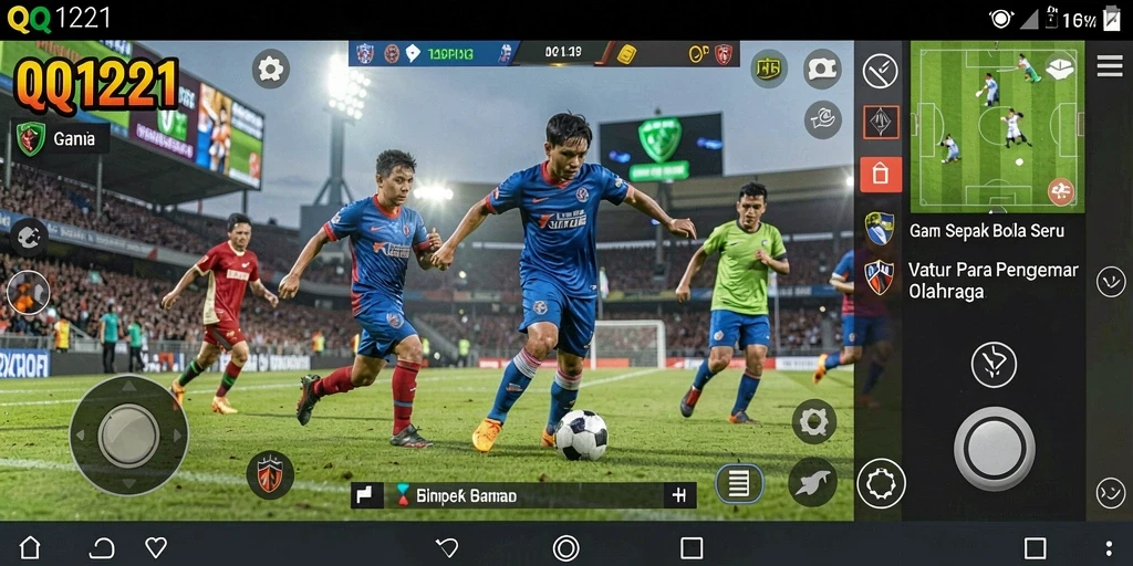 Screenshot gameplay QQ1221 menampilkan aksi seru di lapangan sepak bola.