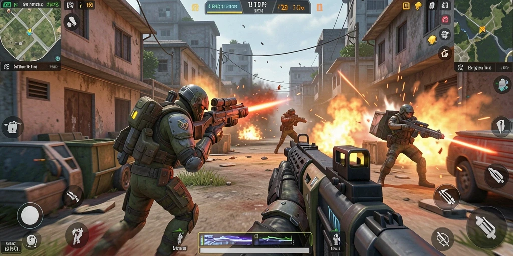 Screenshot tampilan gameplay V21 dalam suasana pertempuran TPS.